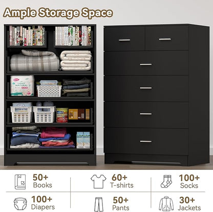 FJTJBSI Dresser with Power Outlets Wooden 6 Drawer Dresser with Large Organizer - Image 7