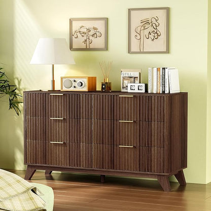 VINGLI Fluted Walnut Dresser 6 Drawer, Dark Brown Wood Dresser - Image 9