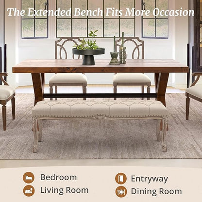 Cozyman Bedroom Bench, French Vintage Tufted Entryway 52.5" Carving Upholstered - Image 6