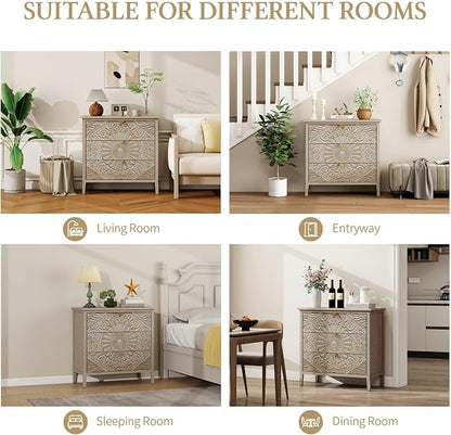 Carved 3 Drawer Cabinet with Floral Pattern & Gold Handles, 31.5" W Distressed - Image 6