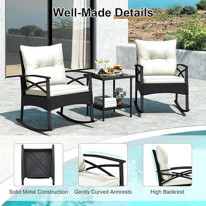 Tangkula 3 Pieces Outdoor Rocking Chairs Set, Rattan Heavy Duty Cushioned - Image 9