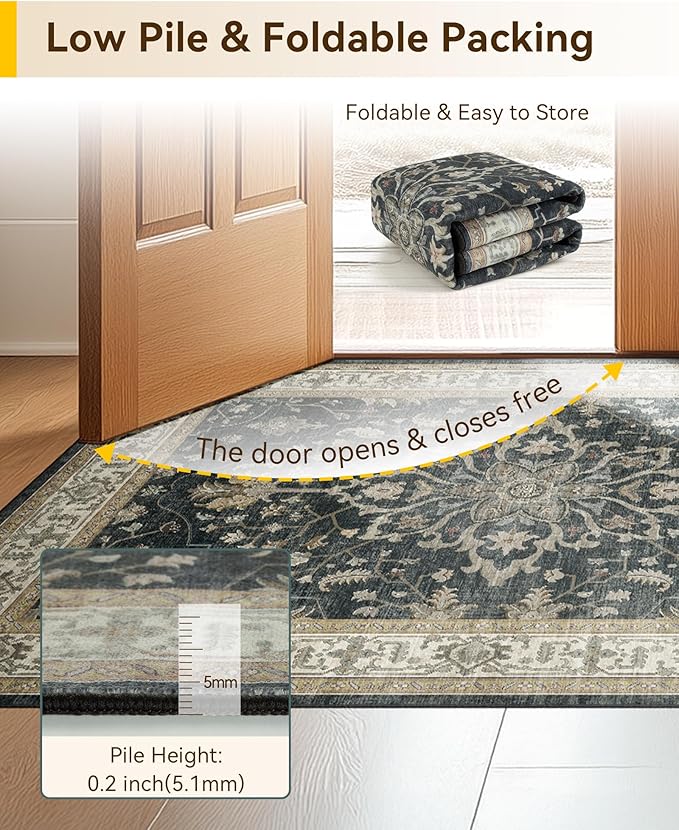 RELEANY Area Rugs Square 8ft Washable Non-Slip, Floral Vintage Distress Print - Image 5