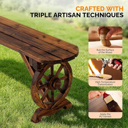 VINGLI Rustic Wooden Wheel Bench Outdoor Bench, Patio Bench Wagon Slatted Seat - Image 5