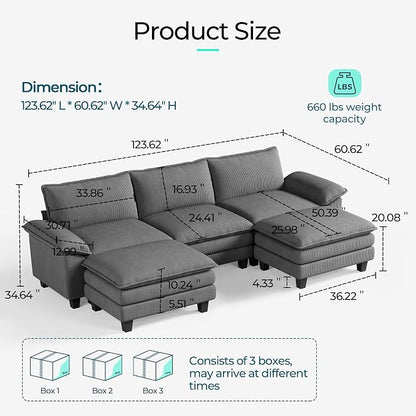 LINSY HOME 123" Modular U-Shaped Sectional Sofa, 3-Seat Corduroy Modern Cloud - Image 2