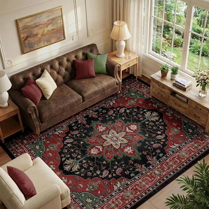 RELEANY Area Rugs 6'x9' Washable Non-Slip, Floral Vintage Distress Print by RELEANY