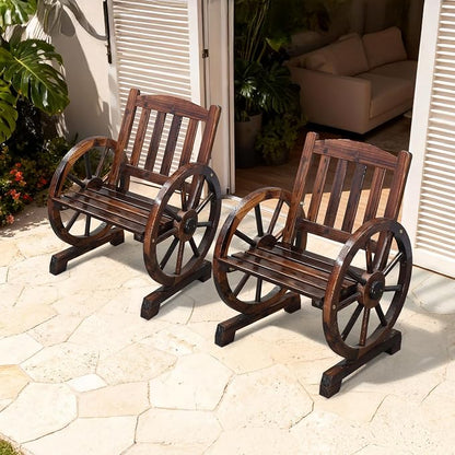 VINGLI Rustic Wooden Wheel Bench Outdoor Bench, Patio Bench Wagon Slatted Seat - Image 9