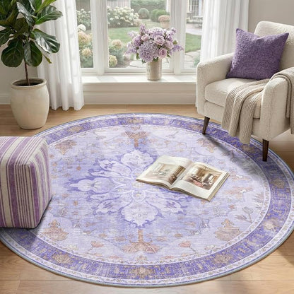 RELEANY Area Rugs Round 4ft Washable Non-Slip, Floral Vintage Distress Print - Image 2