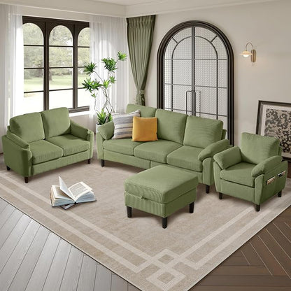 4 Piece Modern Corduroy Sofa Set, L-Shaped Sectional Couch - Image 4
