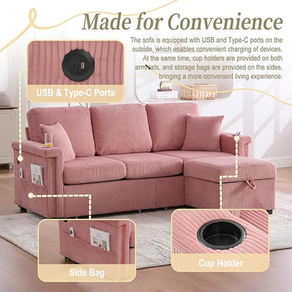 L-Shaped Sectional Sofa with Storage & Movable Ottoman, Corduroy 3 Seater - Image 6