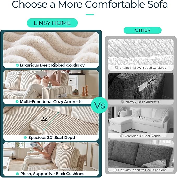 LINSY HOME Sectional Sofa with Pull Out Bed, 6 Seats Corduroy Reversible - Image 5