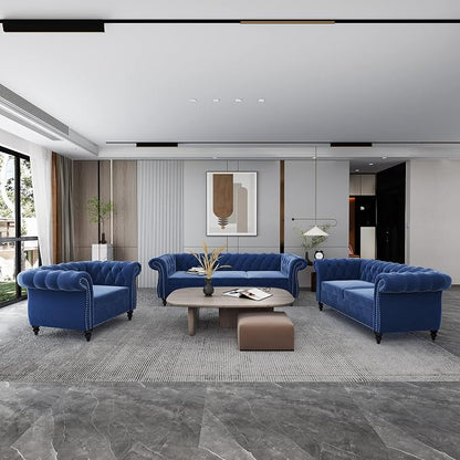 RARZOE 3 Pieces of Living Room Furniture Sofa Sets, Modern Velvet Chesterfield by RARZOE