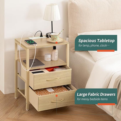 Yoobure Nightstand with Charging Station, Small Night Stand with Fabric Drawers - Image 5
