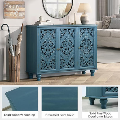 JOINICE Accent Cabinet with 3 Carved Doors, Distressed Blue Sideboard Buffet - Image 3