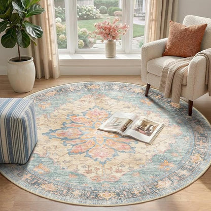 RELEANY Area Rugs Round 4ft Washable Non-Slip, Floral Vintage Distress Print - Image 2