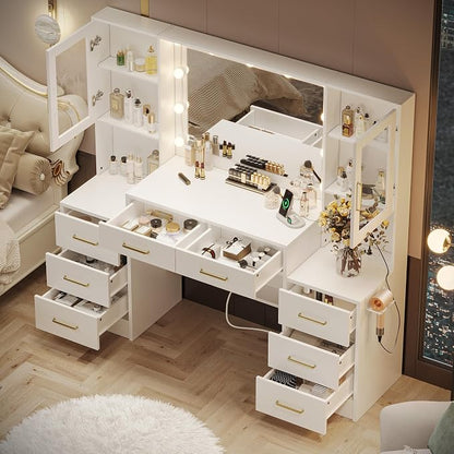 TOKSOM White Vanity Desk with Mirror, Lights & Charging Station, 2 Cabinets and - Image 2