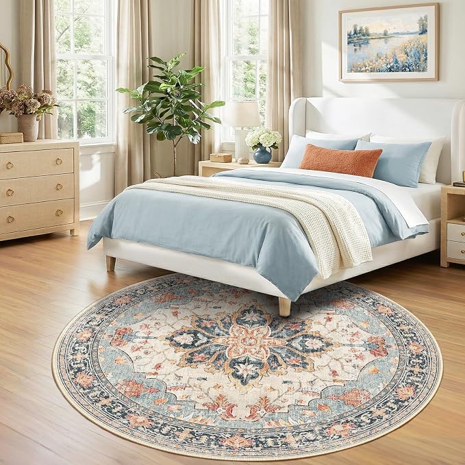 RELEANY Area Rugs Round 7ft Washable Non-Slip, Floral Vintage Distress Print - Image 2