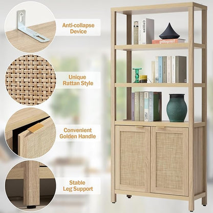 SICOTAS Bookshelf 5 Tier Book Shelf Rattan Boho 71" Tall Bookcase - Image 5