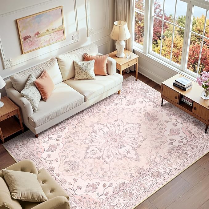 RELEANY Area Rugs 6'x9' Washable Non-Slip, Floral Vintage Distress Print by RELEANY