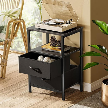 Huuger Night Stand with 2 Drawers, Bed Side Table with Open Shelf, Wooden Top - Image 2