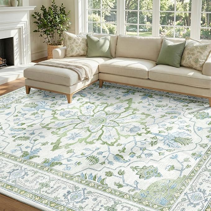 RELEANY Area Rugs 8'x10' Washable Non-Slip, Floral Vintage Distress Print by RELEANY