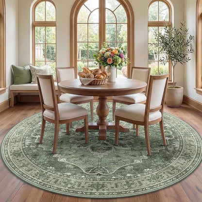 RELEANY Area Rugs Round 7ft Washable Non-Slip, Floral Vintage Distress Print by RELEANY