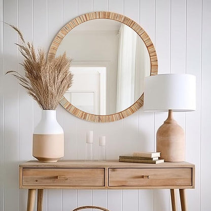Barnyard Designs Round Rattan Wall Mirror, Natural Tan Woven Rattan Frame - Image 4