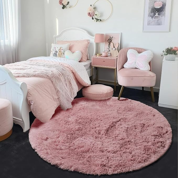 Blush Pink Small Round Rug 3Ft for Kids Bedroom, Fluffy Fuzzy Furry Circle Area - Image 2
