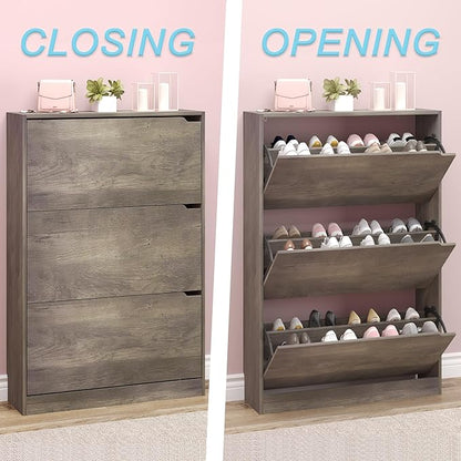 BORNOON Shoe Cabinet with 3 Flip Drawers, Hidden Wood Shoe Cabinet, - Image 5