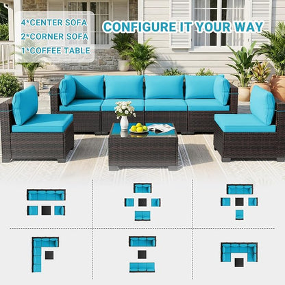 LEVELEVE 7 Pieces Outdoor Patio Furniture Sets, Rattan Conversation Sectional - Image 3
