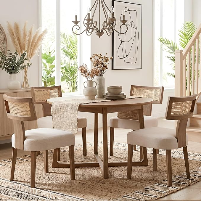 HNY Mid Century Modern Rattan Dining Chairs Set of 4, Farmhouse Linen by HNY