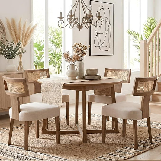 HNY Mid Century Modern Rattan Dining Chairs Set of 4, Farmhouse Linen by HNY