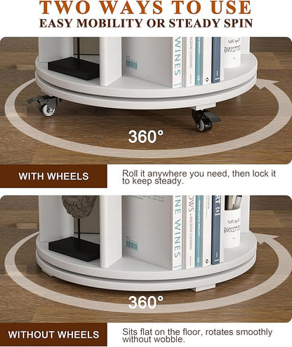 4-Tier Solid Wood Rotating Bookshelf on Wheels, 360° Spinning Book Shelf Tower - Image 5