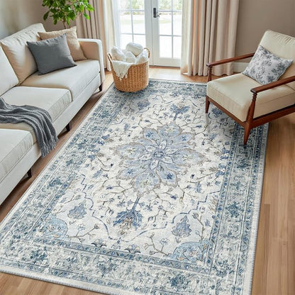 RELEANY Area Rugs 5'x8' Washable Non-Slip, Floral Vintage Distress Print by RELEANY