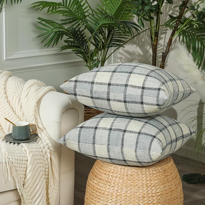 Stellhome Pack of 2 Linen Buffalo Check Throw Pillow Covers, Farmhouse Plaid - Image 2