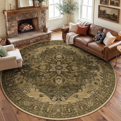 RELEANY Area Rugs Round 8ft Washable Non-Slip, Floral Vintage Distress Print by RELEANY