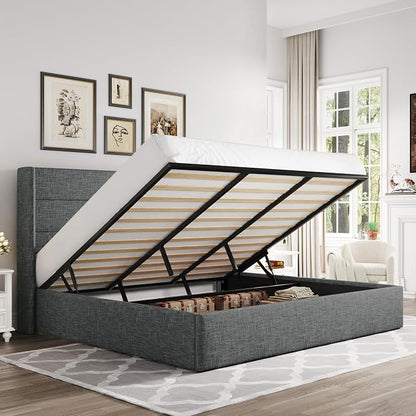 Allewie King Size Lift Up Storage Bed, Modern Wingback Headboard, Hydraulic by Allewie