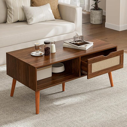 ZttRiee Coffee Table with Storage, Boho Dining Table with Rattan Drawer and by ZttRiee
