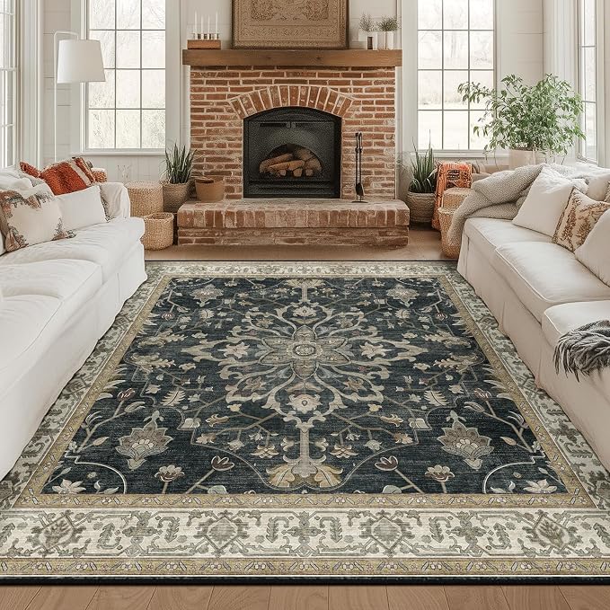RELEANY Area Rugs Square 8ft Washable Non-Slip, Floral Vintage Distress Print by RELEANY