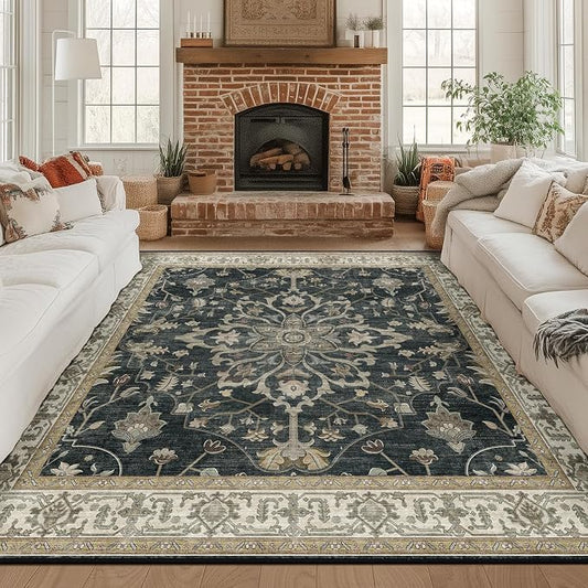 RELEANY Area Rugs Square 8ft Washable Non-Slip, Floral Vintage Distress Print by RELEANY