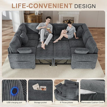Hanherry Sectional Sofa with Pull Out Couch Bed, 8 Seat Corduroy Sleeper Sofa - Image 6