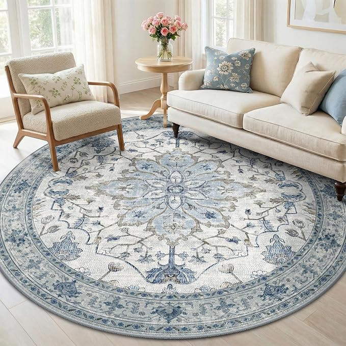 RELEANY Area Rugs Round 6ft Washable Non-Slip, Floral Vintage Distress Print by RELEANY