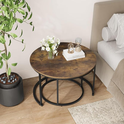 Smuxee Rustic Nesting Coffee Table Set of 2, 27.6" Round Coffee Table Wooden - Image 7