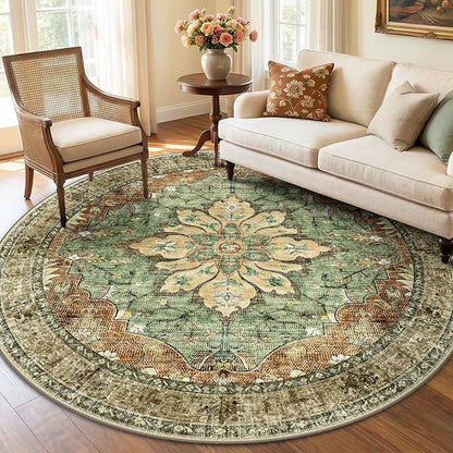 RELEANY Area Rugs Round 6ft Washable Non-Slip, Floral Vintage Distress Print by RELEANY