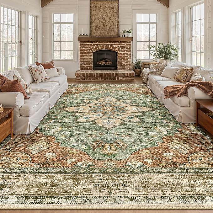 RELEANY Area Rugs 10'x14' Washable Non-Slip, Floral Vintage Distress Print by RELEANY