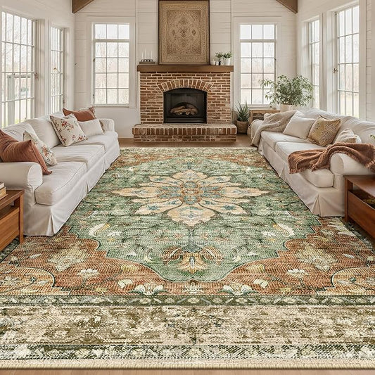 RELEANY Area Rugs 10'x14' Washable Non-Slip, Floral Vintage Distress Print by RELEANY