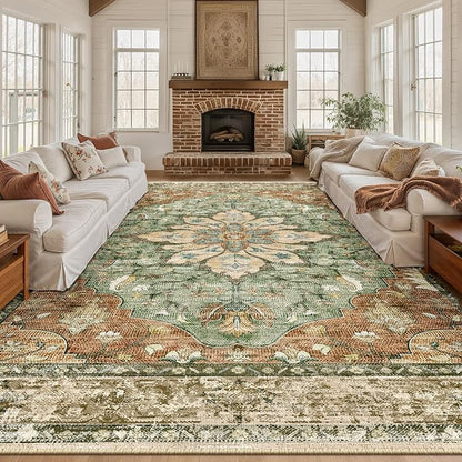 RELEANY Area Rugs 10'x12' Washable Non-Slip, Floral Vintage Distress Print by RELEANY