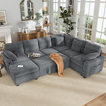 Hanherry Sectional Couch with Pull Out Sofa Bed, Corduroy Sleeper Sofa with by Hanherry