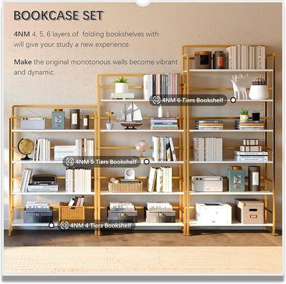 4NM No Assembly Extra Wide 4 Tiers Folding Bookshelf Storage Shelves Vintage - Image 5