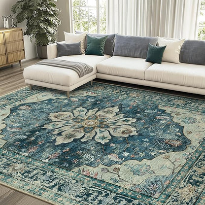 RELEANY Area Rugs 8'x10' Washable Non-Slip, Floral Vintage Distress Print by RELEANY