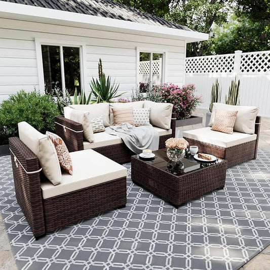 UPHA 5 Pieces Patio Furniture Sets, Wicker Outdoor Sectional Sofa Couch by UPHA